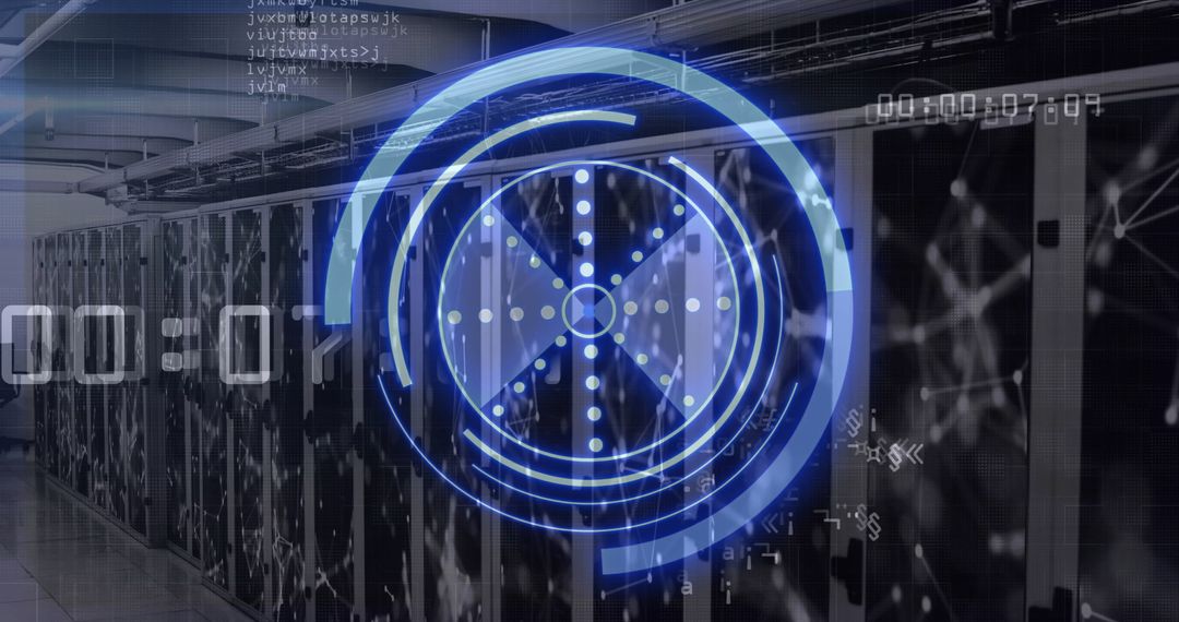 Futuristic Digital Interface Overlays on Data Center