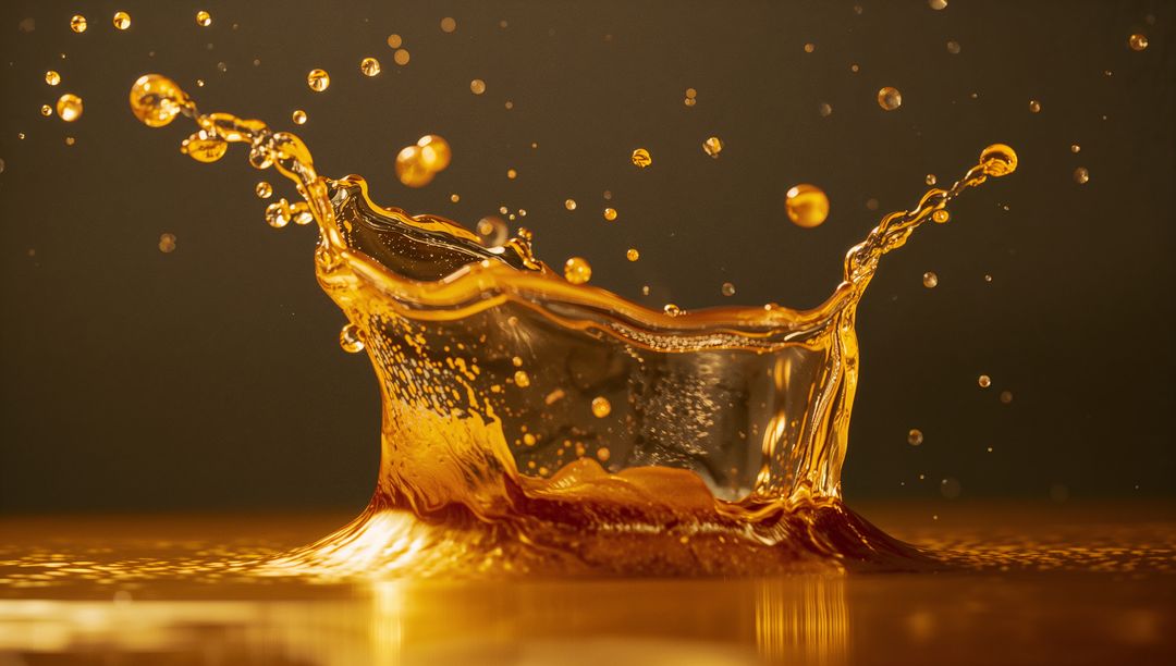 Golden Liquid Splash Creating Crown Effect on Reflective Surface