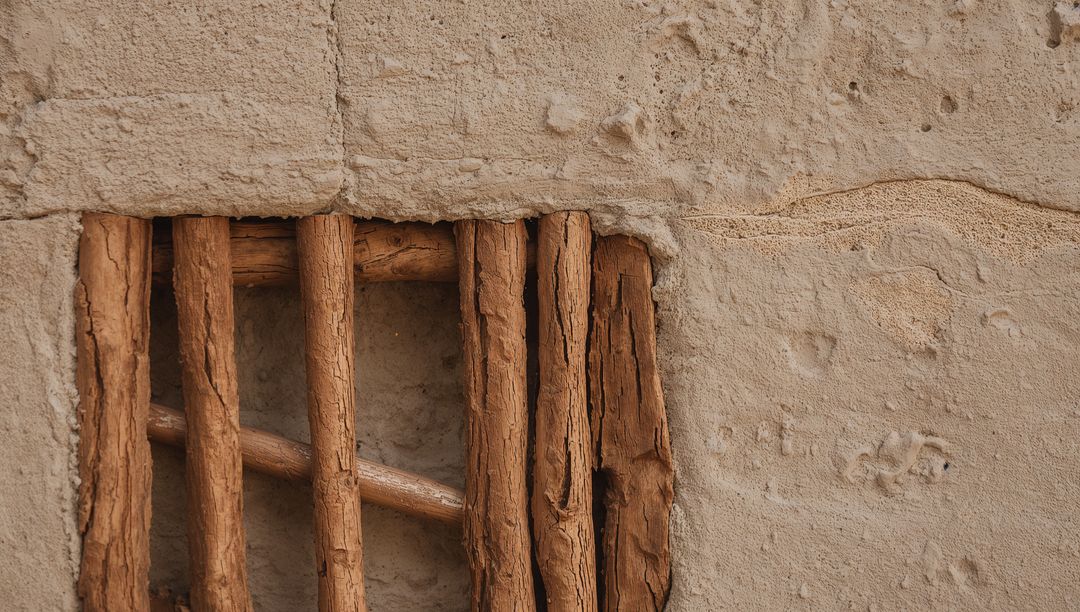 Weathered Plaster with Exposed Wooden Laths and Diagonal Brace Rustic Adobe Texture