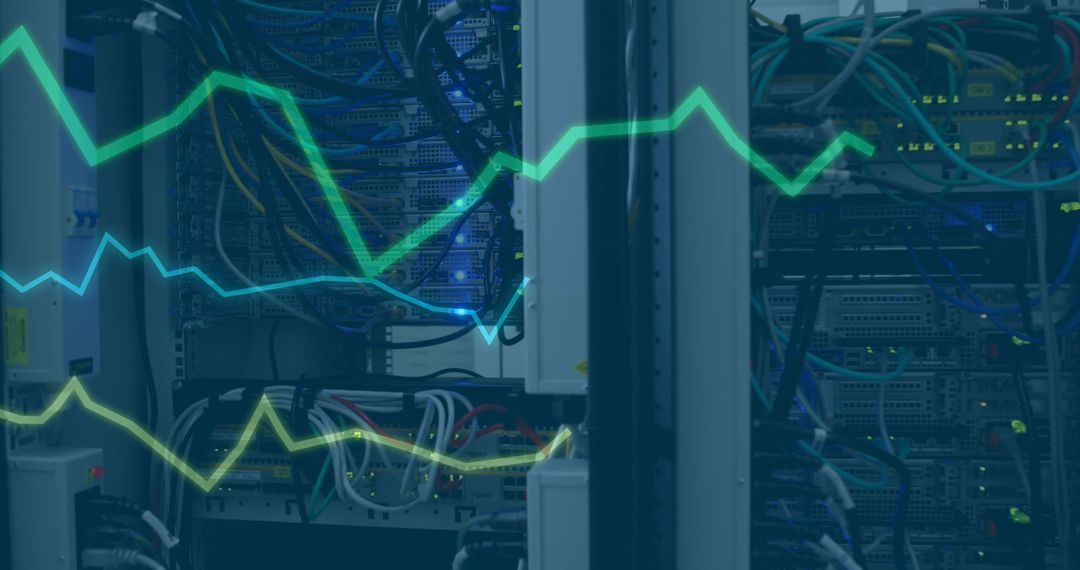 Financial Data Processing in Server Room with Chart Overlay