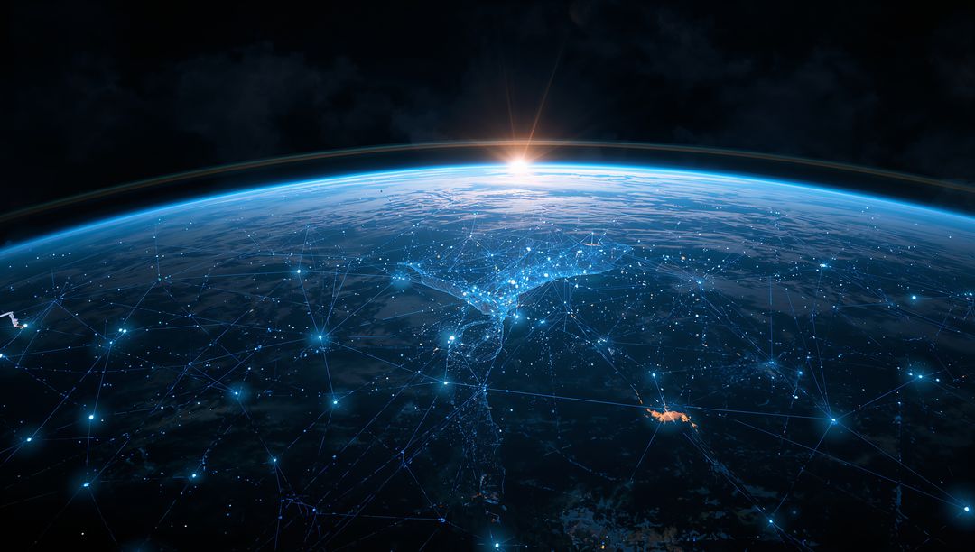 Orbiting sunrise over Earth revealing glowing global network and futuristic connections