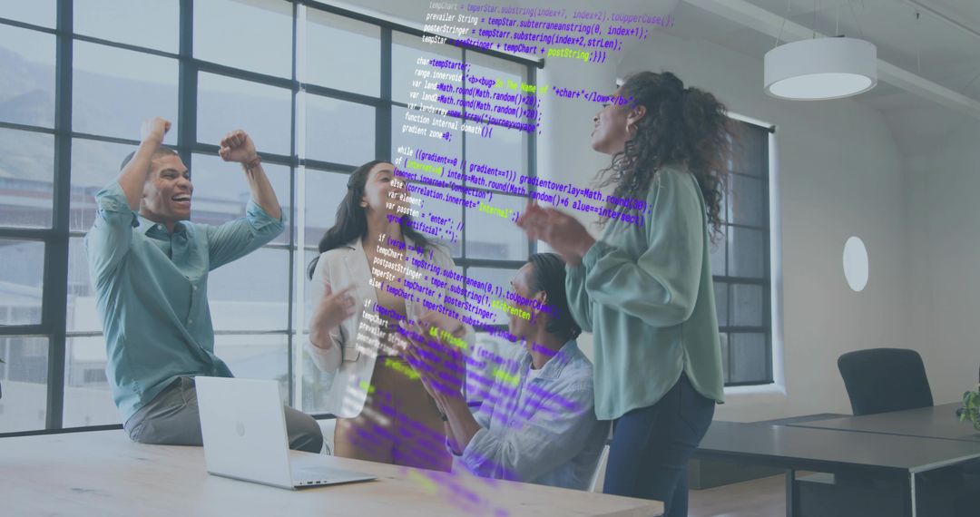 Startup Team Celebrating Milestone Around Conference Table with Laptop and Code Overlay