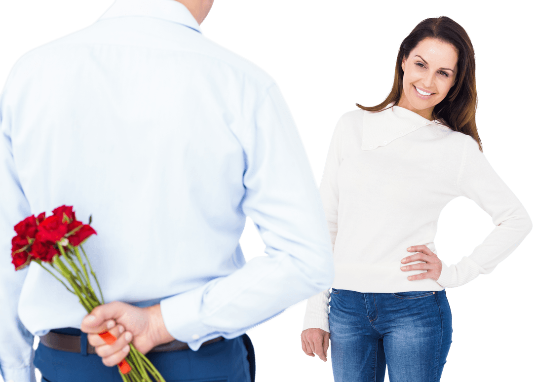 Man Holding Red Roses Behind Back for Surprise Gesture Transparent Background