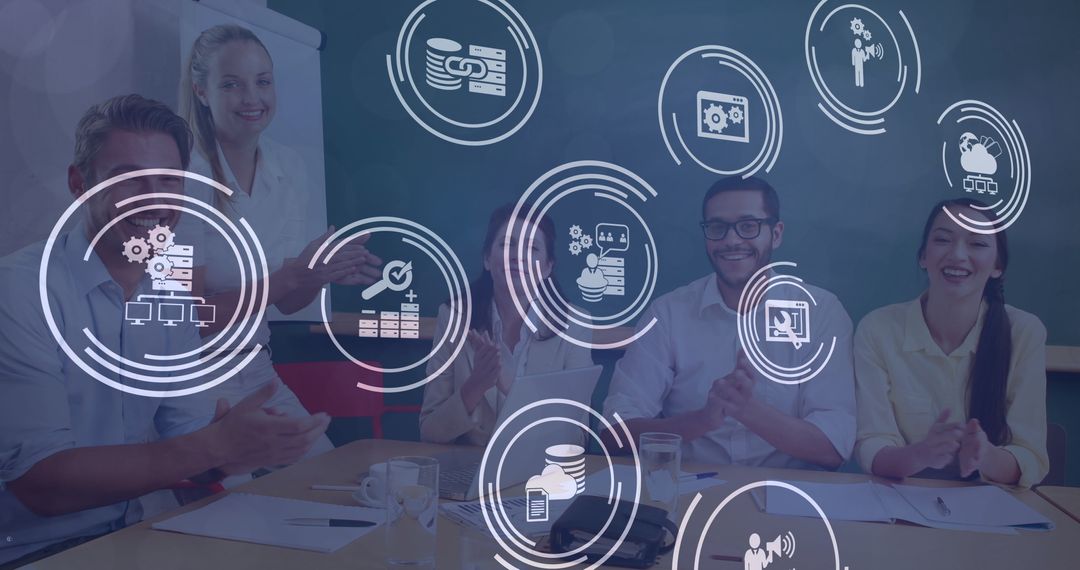 Diverse Business Team Analyzing Digital Finance Icons and Data