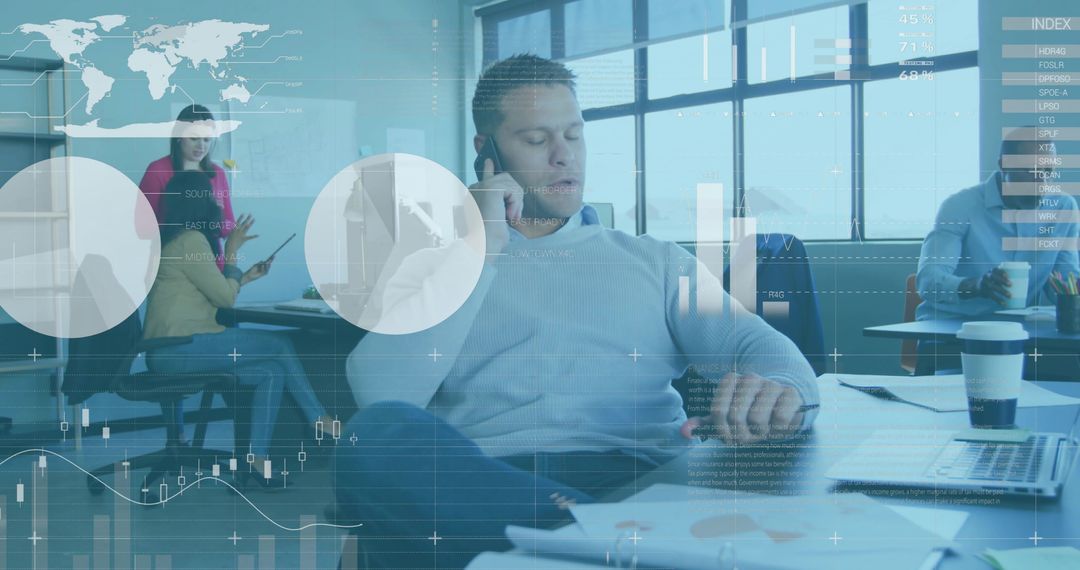 Businessman Calling and Checking Watch in Open-Plan Coworking Space with Financial Overlays