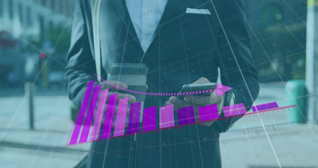 Businessman Analyzing Growth Data on Smartphone in City