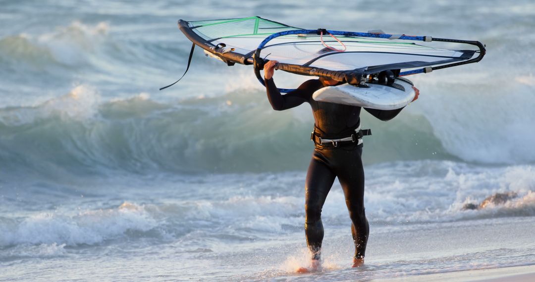 Surfer carrying windsurf board at beach at sunset - Free Images, Stock Photos and Pictures on Pikwizard.com