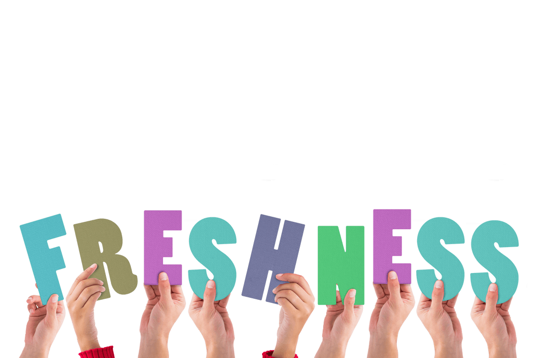 Hands Holding Colorful Freshness Letters on Transparent Background