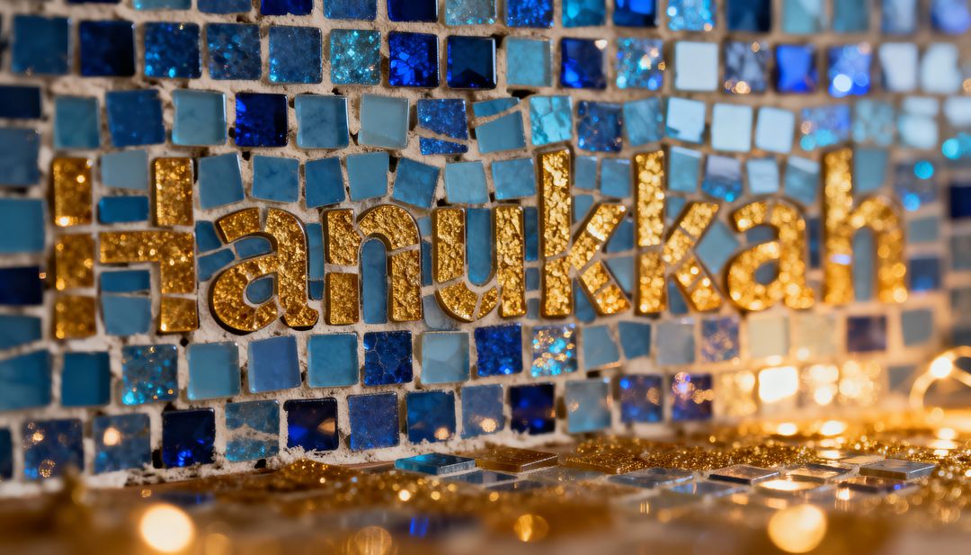 Gold Glitter Hanukkah Letters on Blue Mosaic Tiles with Warm Bokeh Lights and Holiday Sparkle