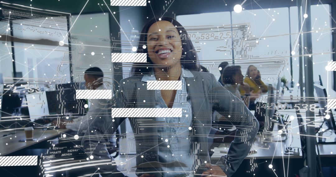 Confident Businesswoman in Modern Workspace with Digital Connections