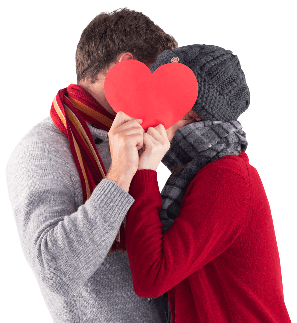 Couple Kissing Behind Red Heart Cutout Transparent Background