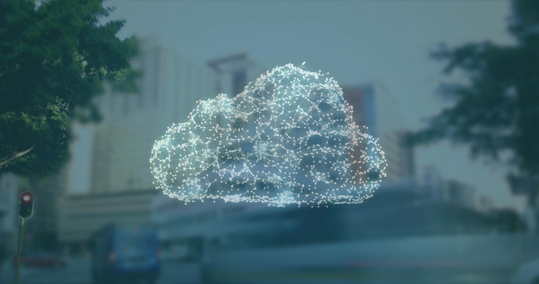 Abstract Digital Cloud and Security Icon Over Urban Landscape