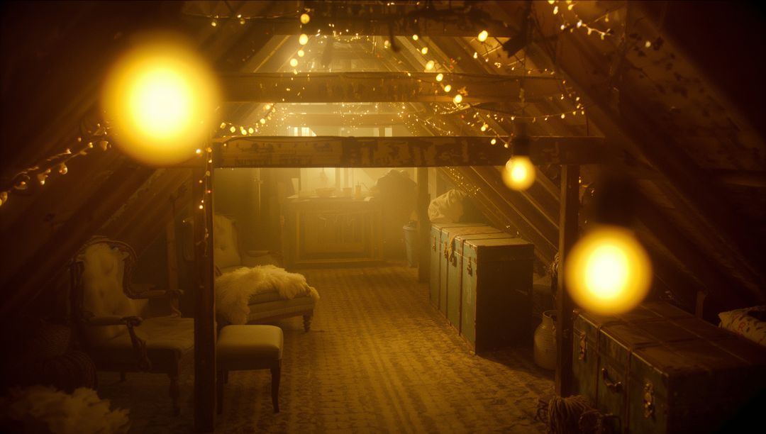 Cozy Warm Attic with String Lights and Practical Storage