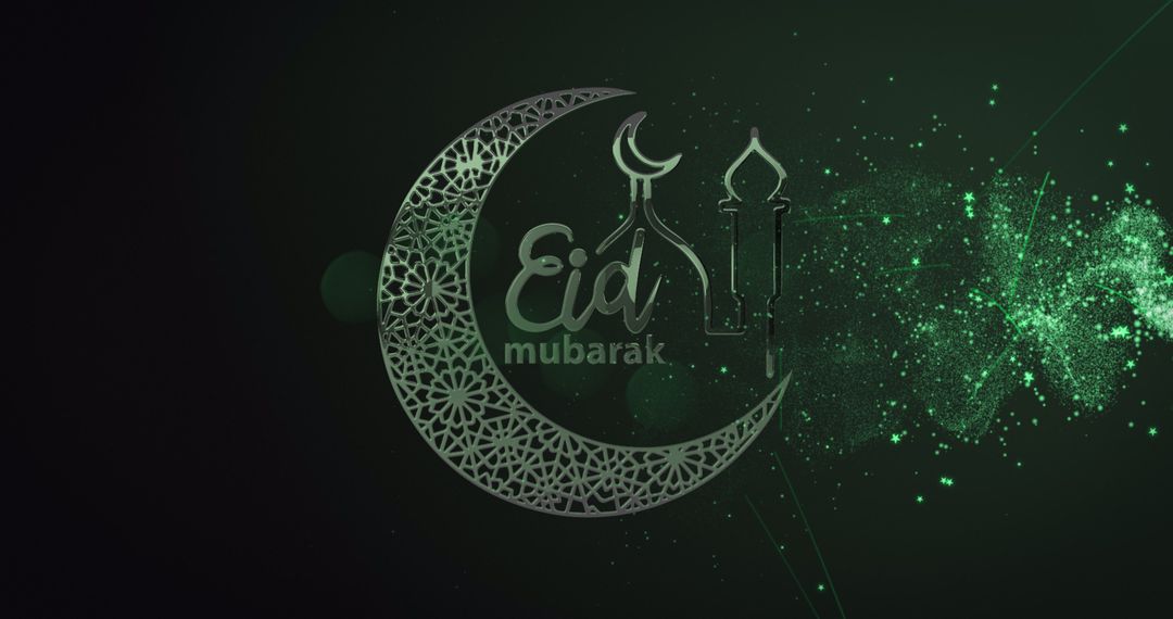 Eid mubarak text with crescent moon and mosque motif