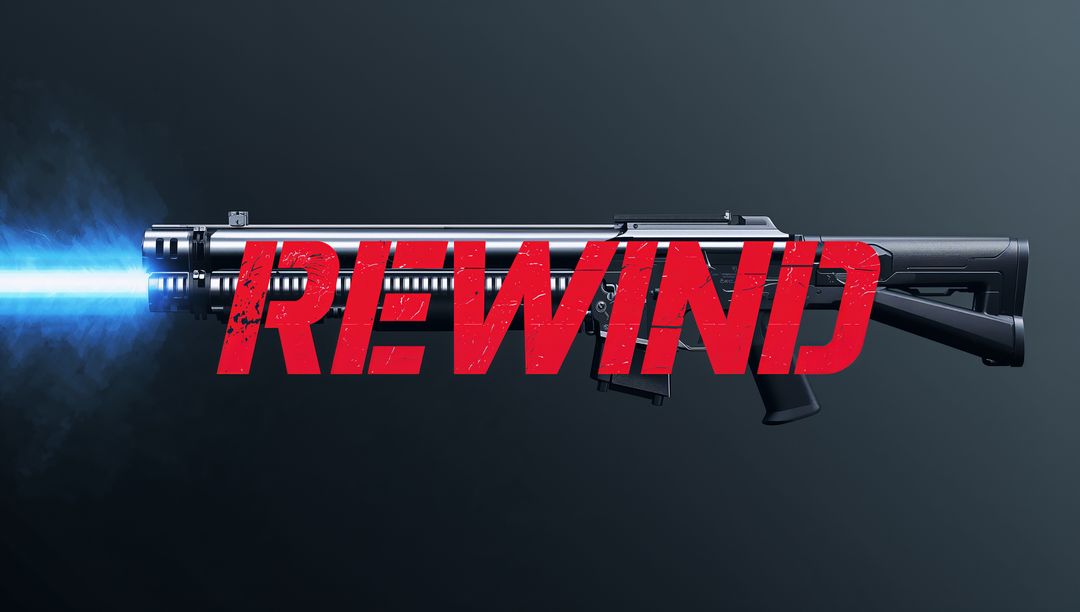 Futuristic Pump-Action Shotgun Emitting Cyan Energy Beam with Bold REWIND Overlay