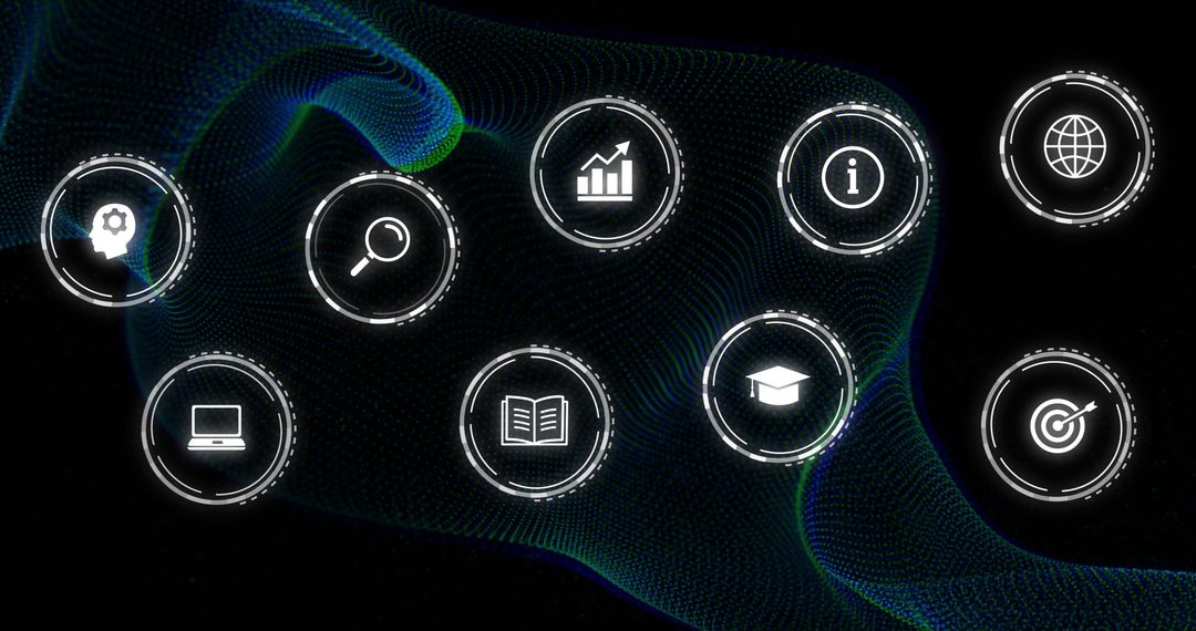 Digital Network Icons on Black Background Symbolizing Connectivity
