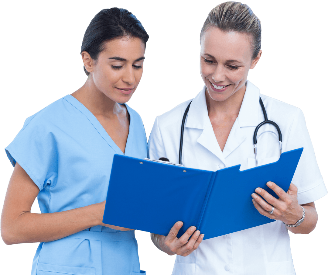 Transparent Medical Professionals Collaborating with Clipboard