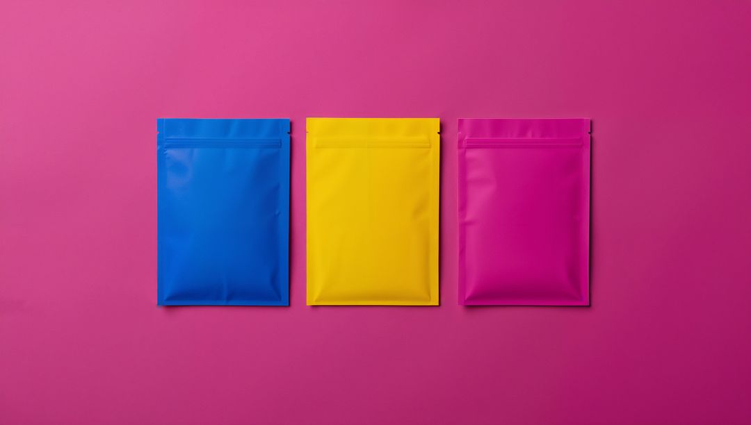 Colorful Matted Resealable Pouches on Pink Background