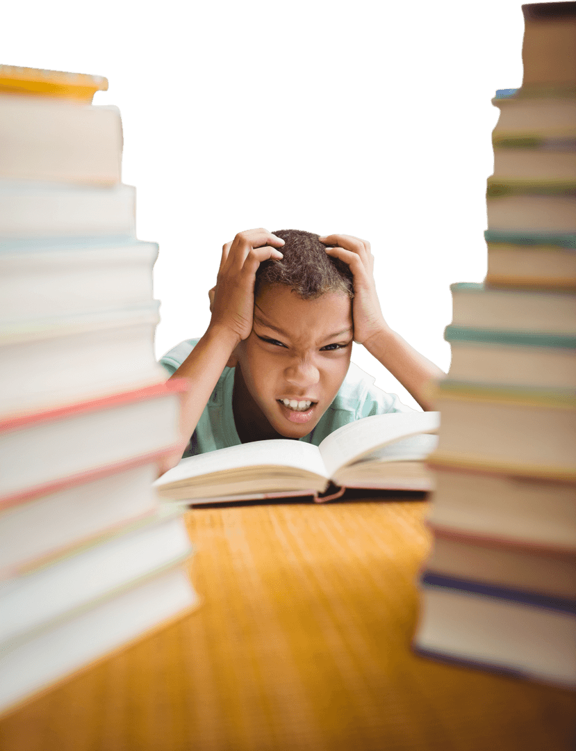 Transparent Frustrated Boy Struggling with Study Through Book Stack