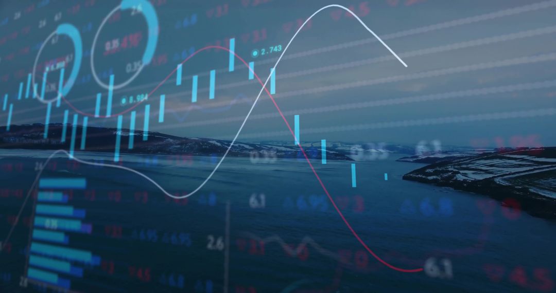 Candlestick Chart Overlay on Fjord at Dusk