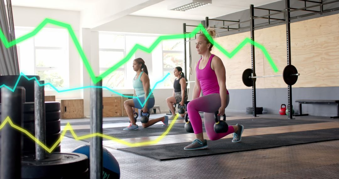 Women Exercising with Kettlebells Overlaid with Digital Data Graphics
