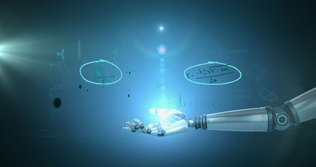 Robotic Hand with Floating Mathematical Equations on Blue Background