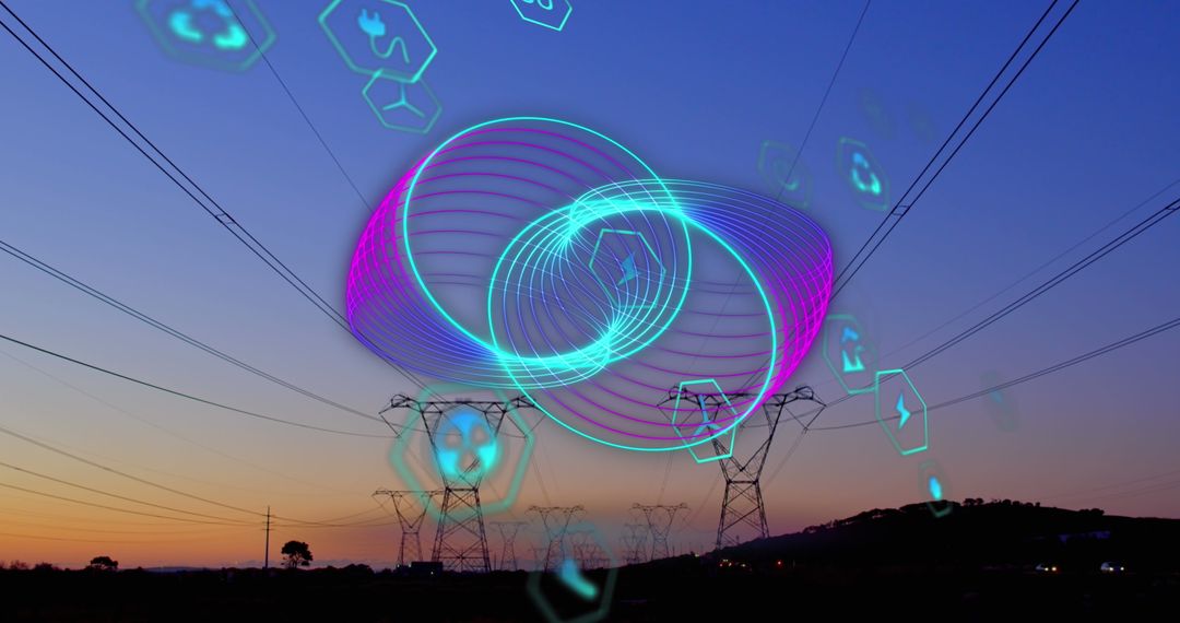 Ecological Technology Concepts with Power Lines at Sunrise