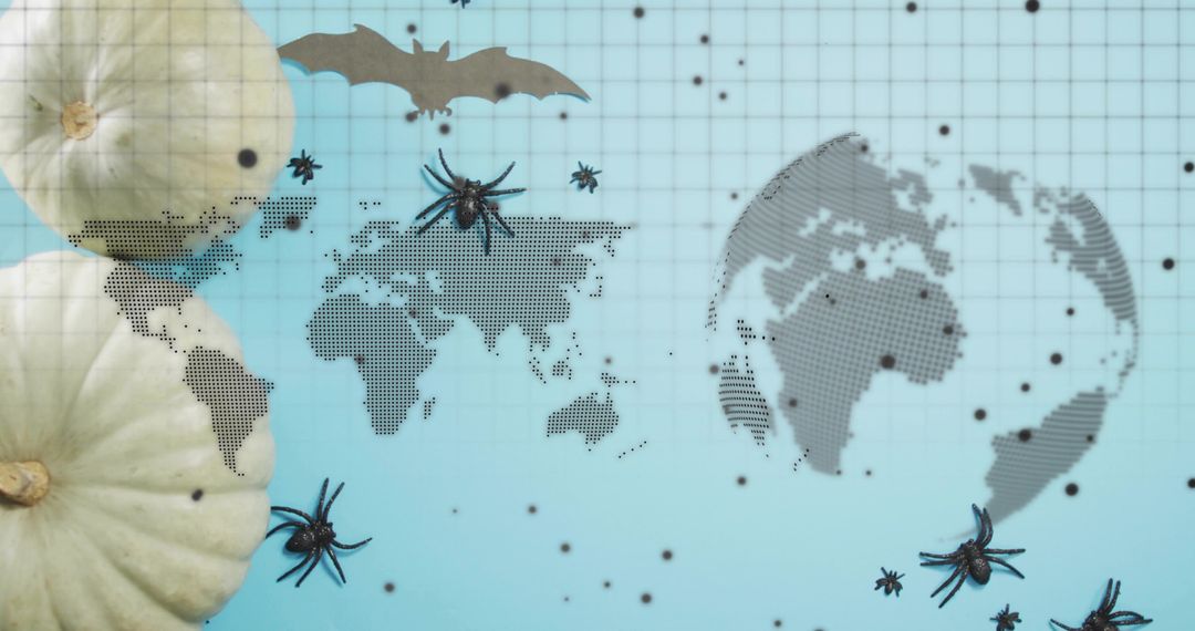 Halloween world map concept featuring halftone globe, white pumpkins, black spiders, bat
