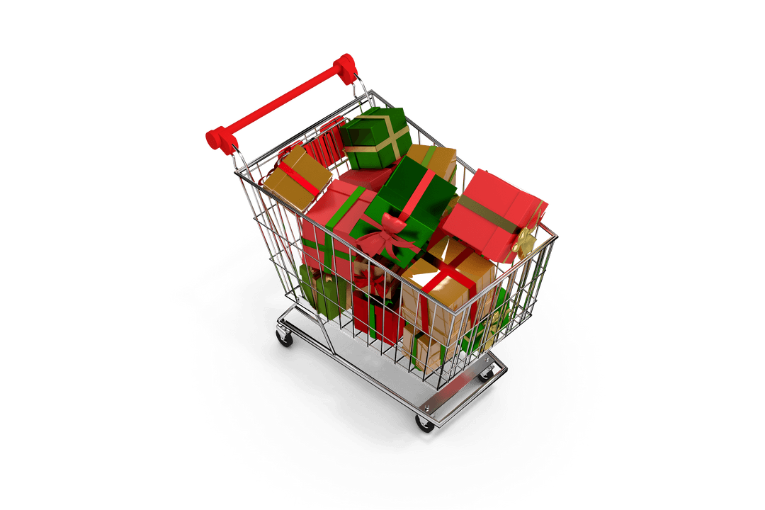 Shopping Cart Overflowing with Colorful Wrapped Gifts Transparent Background