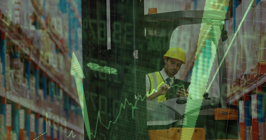 Warehouse Manager Analyzing Data on Tablet Amid Stock Charts