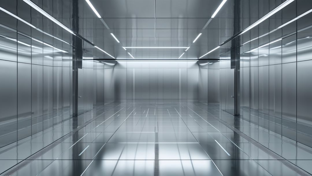 Futuristic Corridor with Reflective Metallic Surfaces and LED Lighting