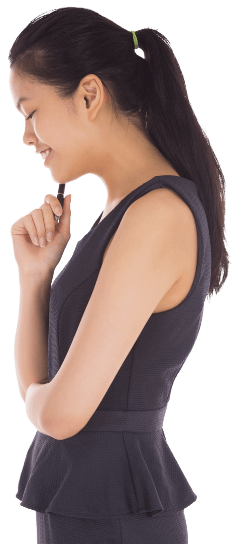 Smiling Businesswoman Pointing on Transparent Background in Profile View