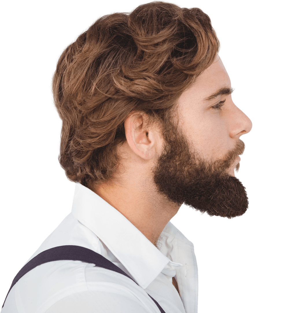 Profile Portrait of Bearded Serious Man on Transparent Background