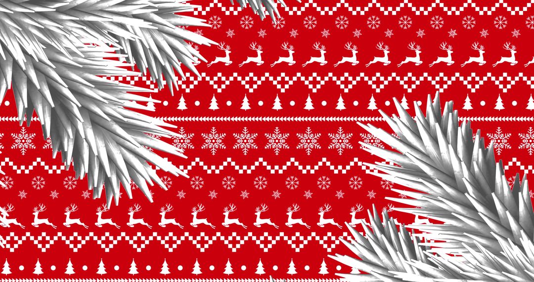 Fir Tree Branches on Red Christmas Patterned Background