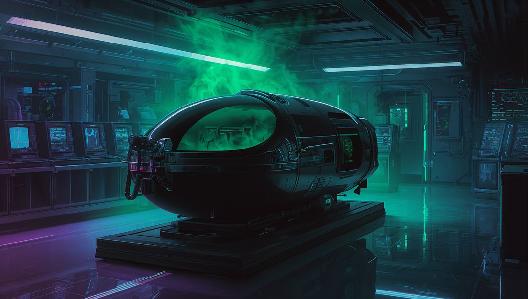 Containment Pod Emitting Neon Green Vapor in High-Tech Research Lab with Glowing Consoles