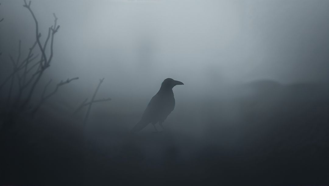 Lone Crow Silhouette in Misty Marshland at Dusk