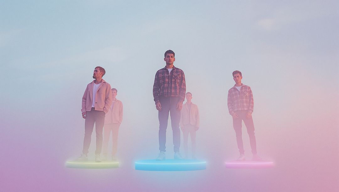 Surreal Futurism: Figures on Neon Discs in Ethereal Pastel Fog