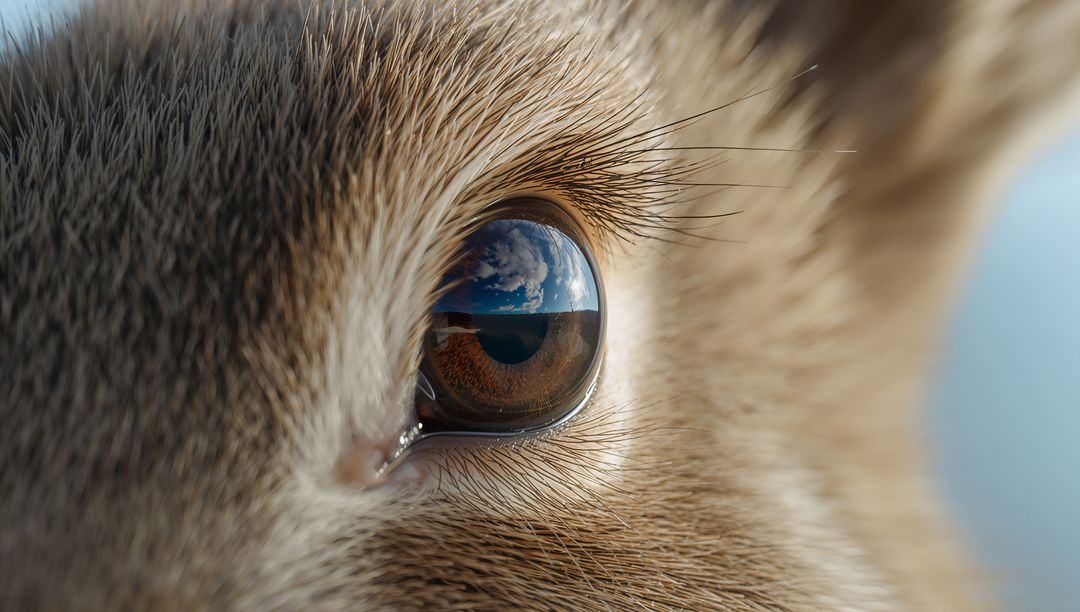 Macro brown rabbit eye reflecting sky and horizon, glossy tear duct and whiskers