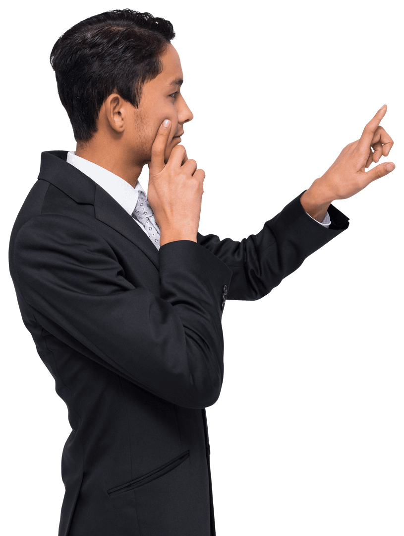 Focused Businessman Pointing Direction on Transparent Background