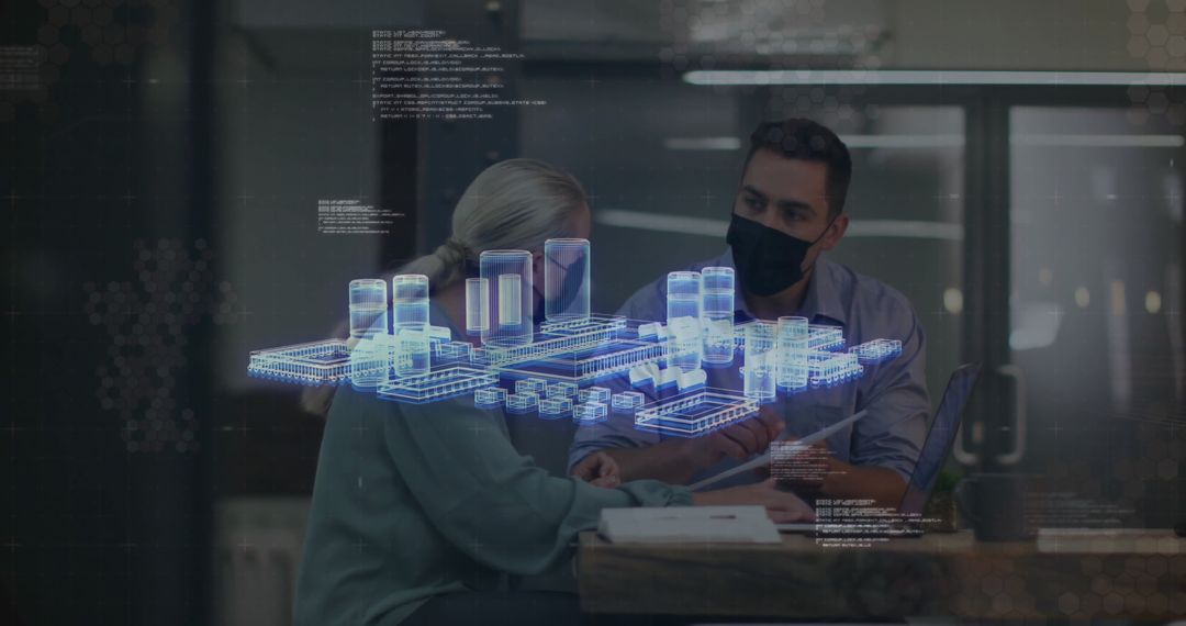 Colleagues Analyzing Holographic 3D Model in Modern Office