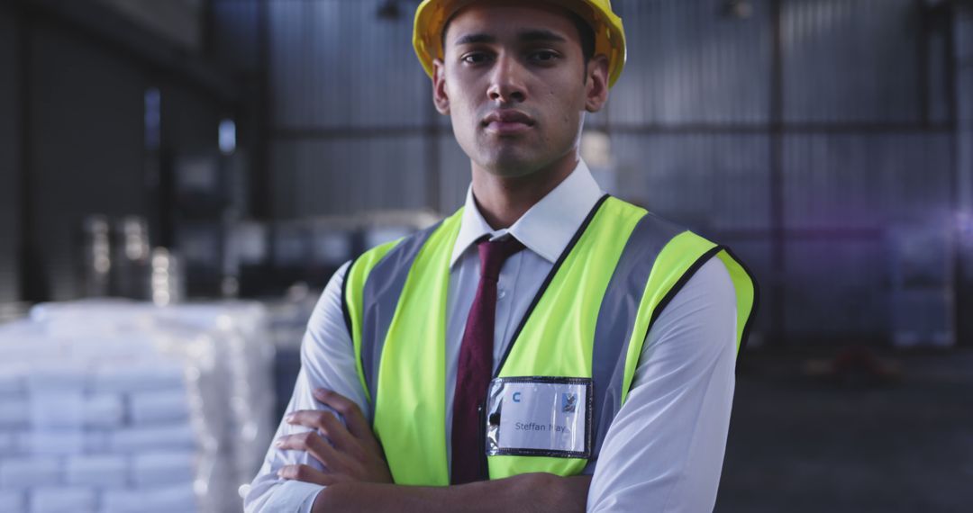 Confident Warehouse Worker in Hard Hat During Shift - Free Images, Stock Photos and Pictures on Pikwizard.com