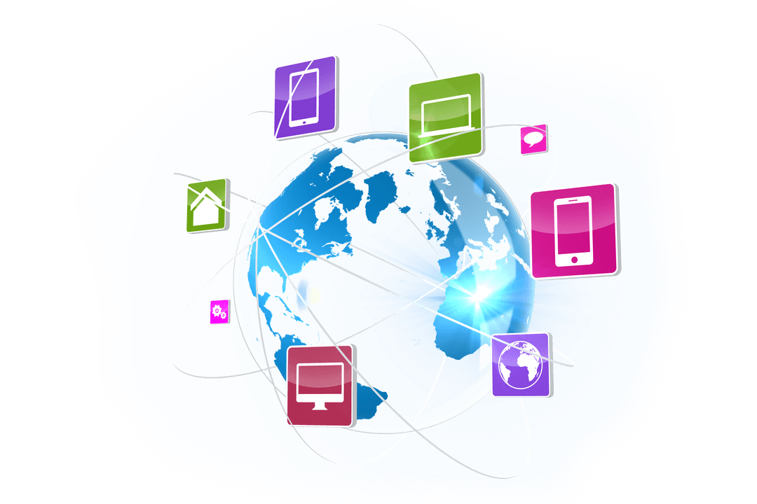 Digital Network Globe Illustration with Icons on Transparent Background