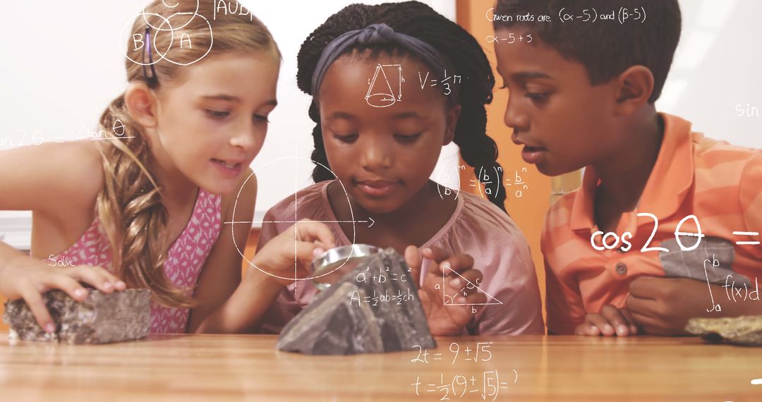 Digital composite of 2 girls and a boy holding a magnifying glass and observing rocks - Free Images, Stock Photos and Pictures on Pikwizard.com