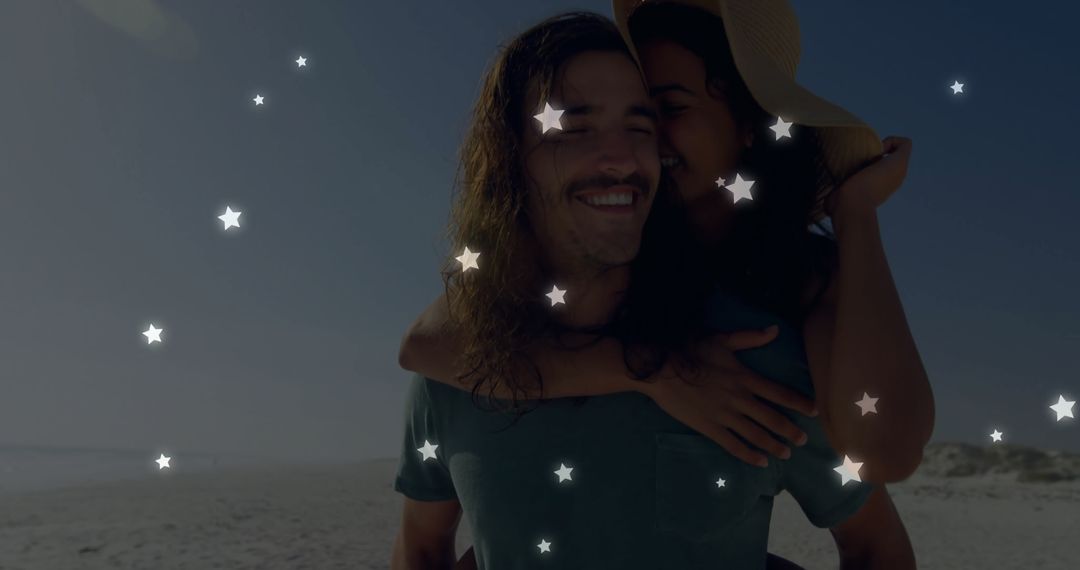 Couple Piggybacking on Beach Beneath Starry Overlay Reflection