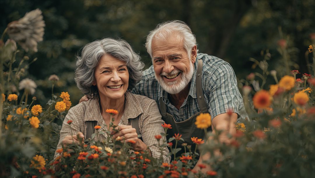 Senior Couple Gardening Together Smiling and Tending Colorful Flower Bed in Golden Hour