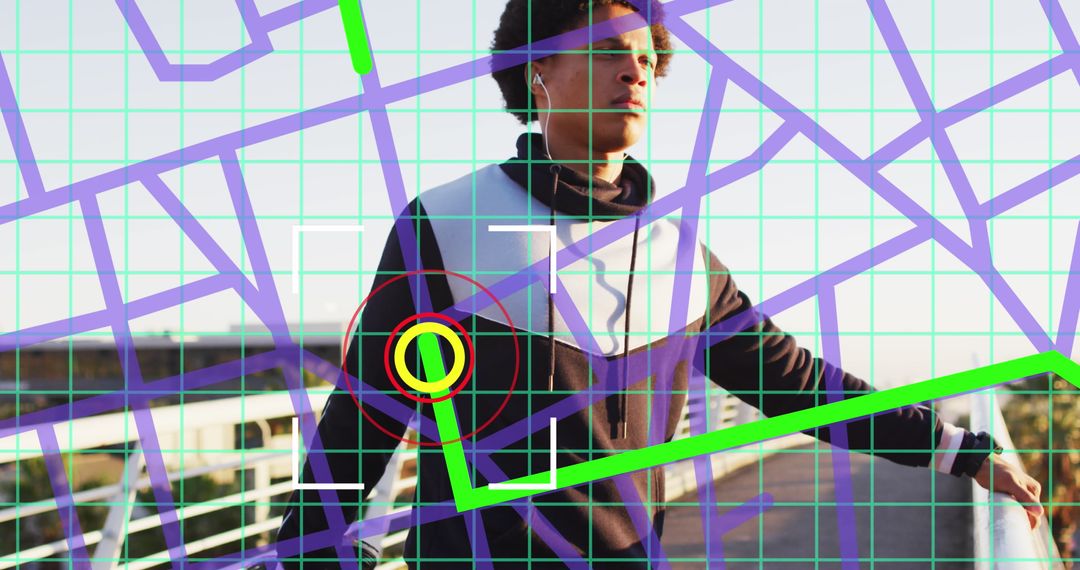 Digital Interface Overlay on Young Man Stretching Before Run