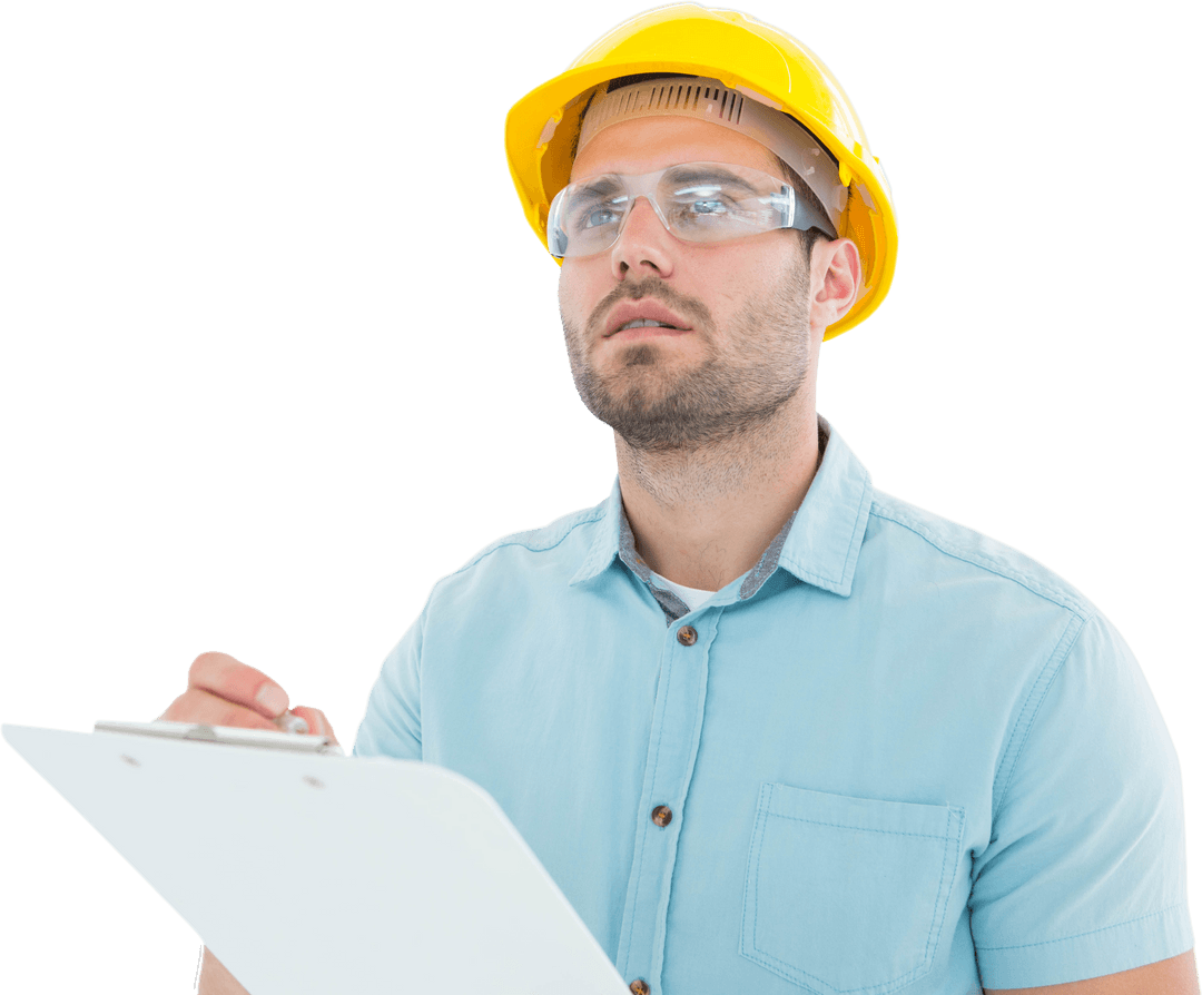 Male Engineer in Safety Goggles and Hard Hat Writing on Clipboard Transparent