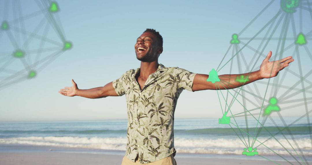 Joyful Man Embracing Beach Environment with Digital Overlay