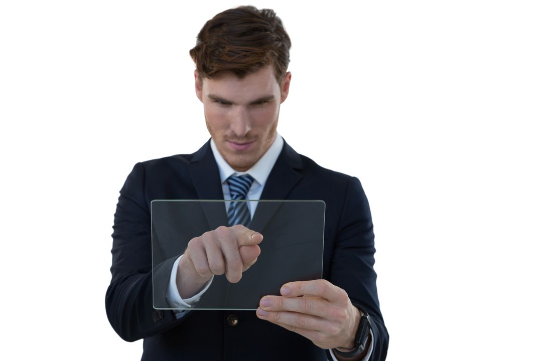Businessman Using Transparent Glass Tablet - Free Images, Stock Photos and Pictures on Pikwizard.com