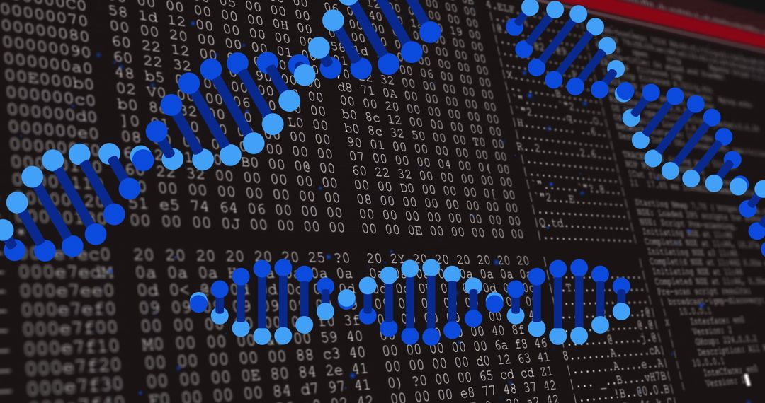 Blue DNA Helix Overlays with Cybersecurity and Data Visualization Elements